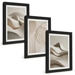 BILDER SET 3er Set - 20x30 cm Schwarzer Rahmen - Abstrakte beige Wellen
