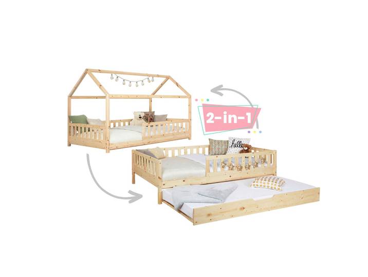 Livetastic Ausziehbett Duo 0406, Natur, Holz, Kiefer, massiv,Schichtholz, Höhe ca. 20 cm, 140x200 cm, bodentiefer Einstieg, Bettkasten, Kinderzimmer & Jugendzimmer, Kindermöbel, Kinderbetten, Ausziehbetten