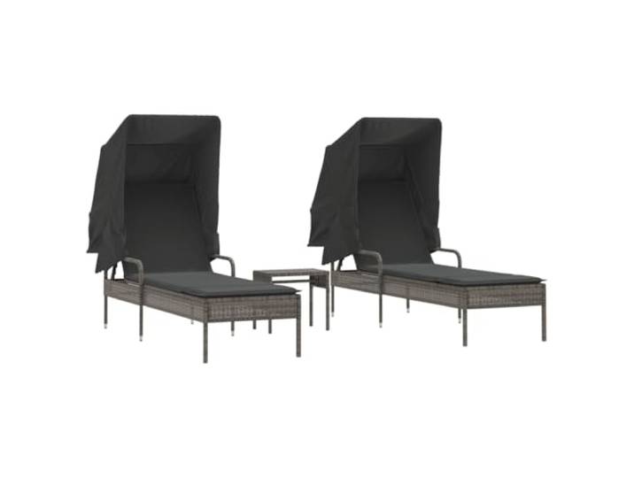 RJPLMFV Set mit 2 Liegestühlen, grau, Polyrattan, mit Sonnendach Rückenlehne mit 4 Positionen verstellbar, integrierter Teetisch, dickes Kissen, 110 kg pro Sitz