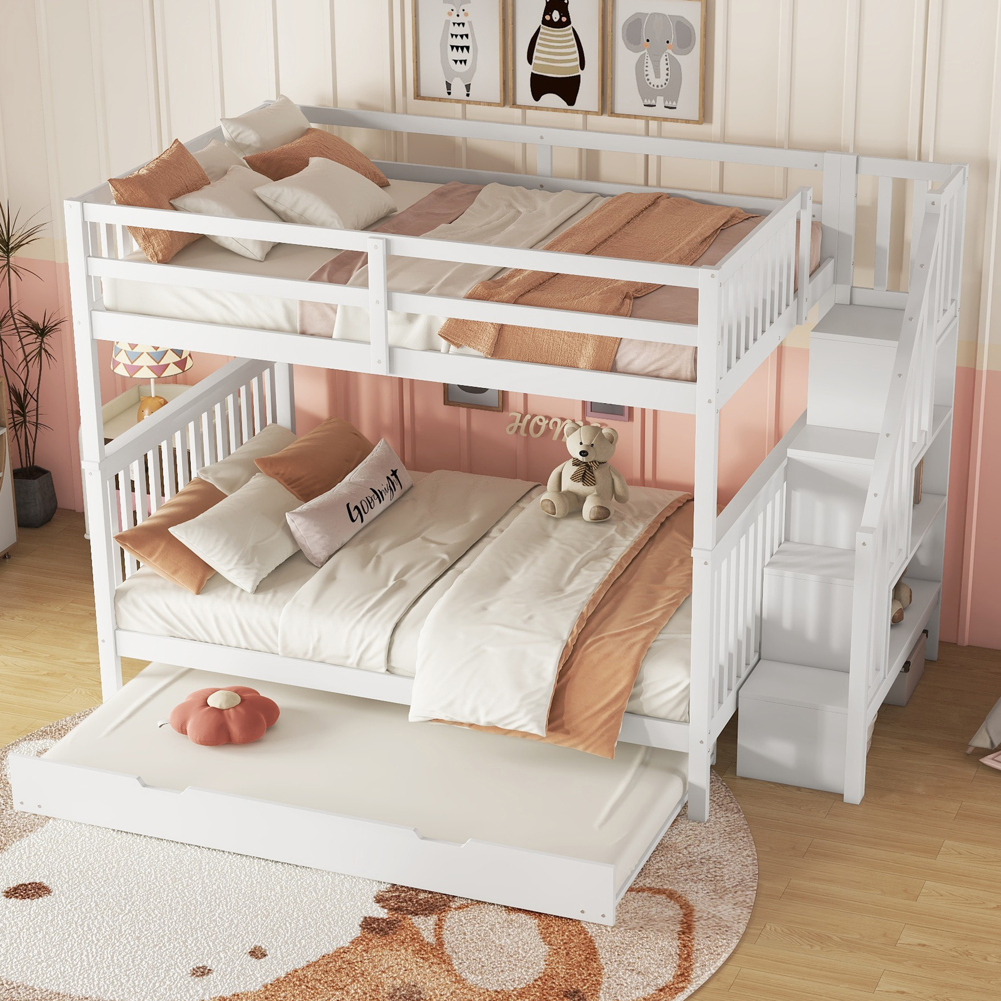 140x200cm Etagenbett mit Ausziehbett & Treppenregal, Hohe Geländer, Weiß - Robust & Sicher für Kinderzimmer