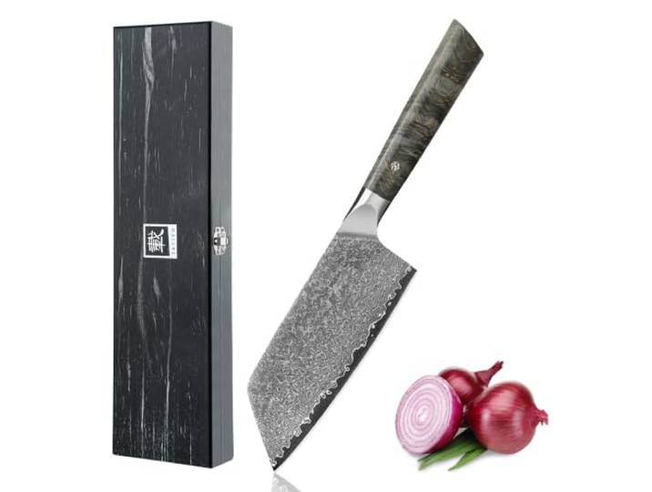 zayiko Professional Nakirimesser, 16 cm, 67 Lagen Damaststahl mit VG10-Kern Ahornwurzelholzgriff, beidseitiger 15°-V-Schliff, 60±2 HRC, breite Klinge für Gemüse, Obst & Kräuter, inkl. schwarzer Holzbox