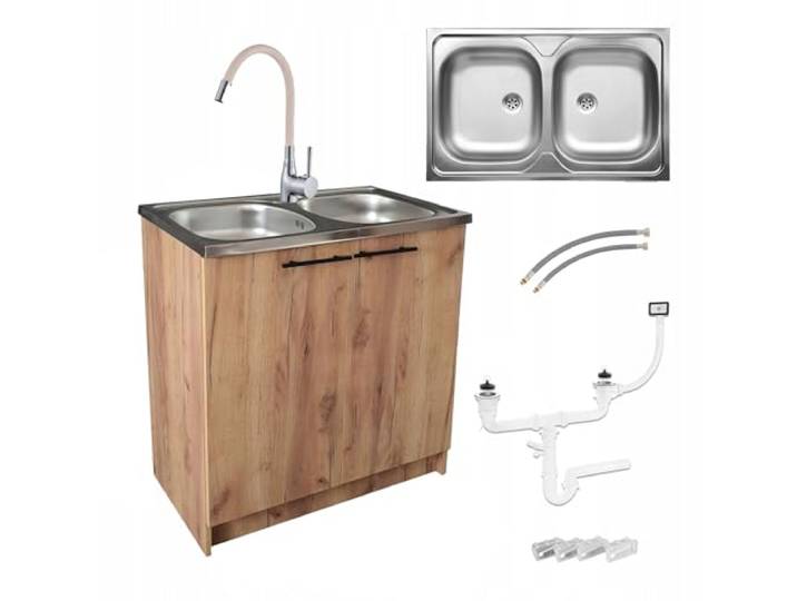 Stamar Küchenschrank 80 cm Eiche Gold 2-Kammer Spüle Armatur Beige Flex Set Standschrank 46cm Tiefe Elastische Armatur Siphon Montagefertig XXL