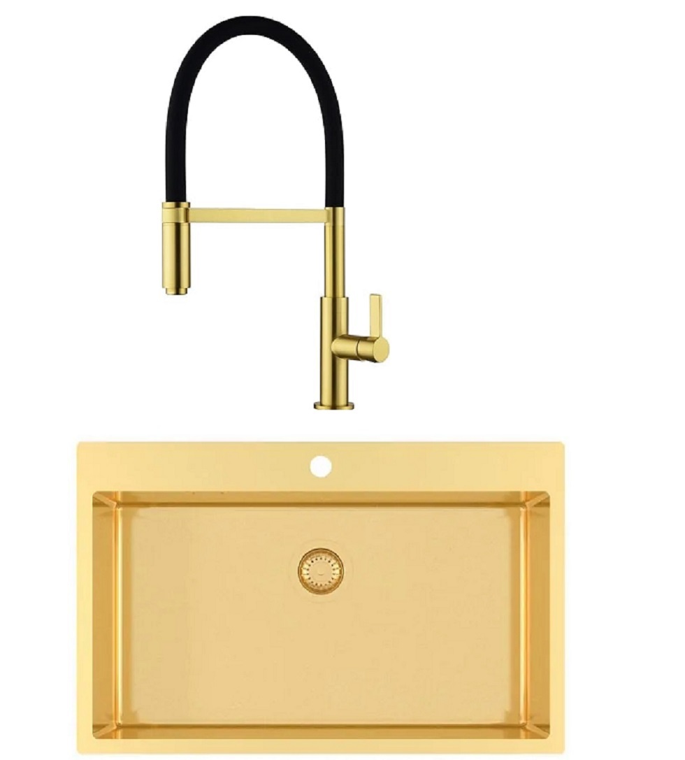 GURARI TERRA 100 M-G Edelstahlspüle+Herunterziehbare Küchenarmatur Tap 7003, Gold Design