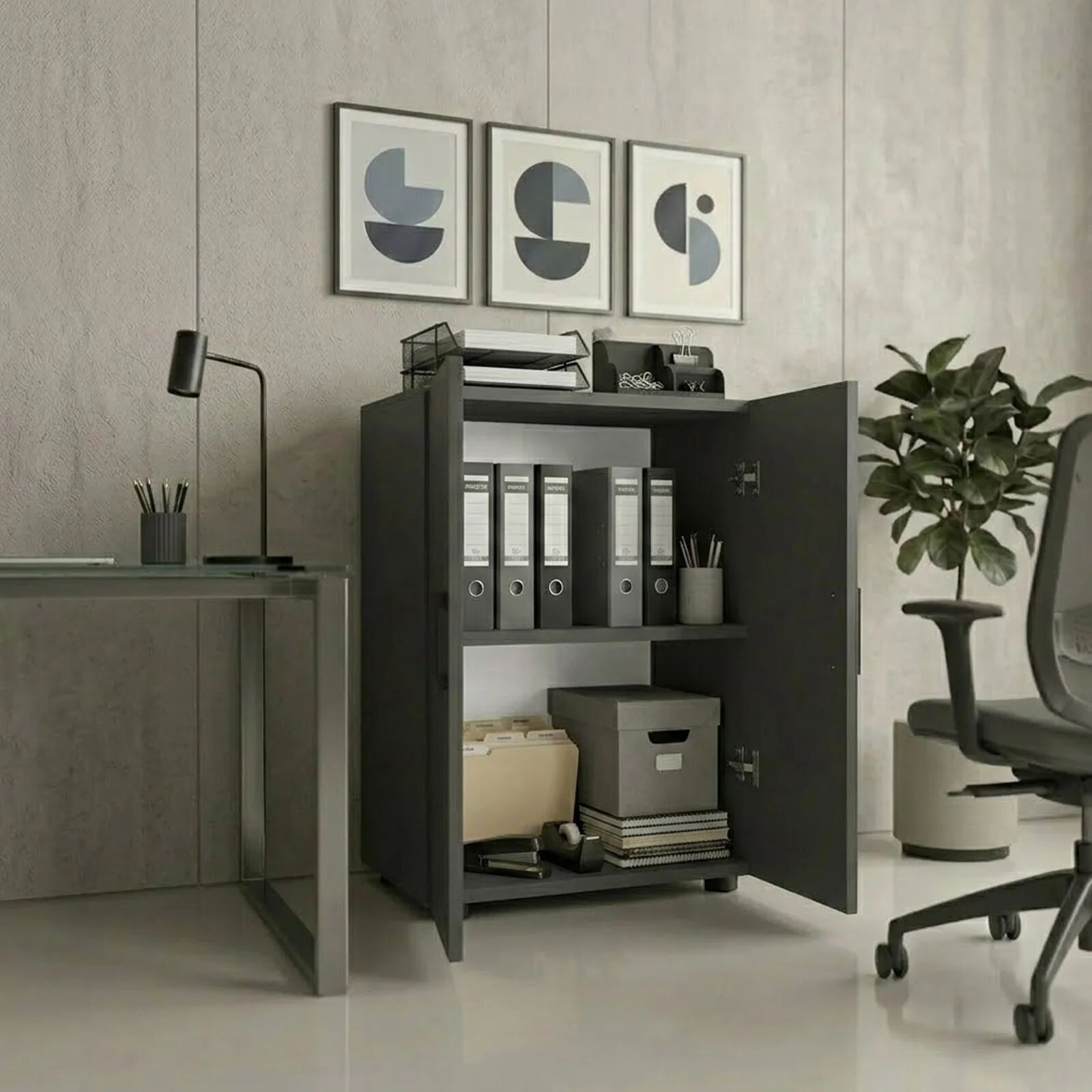 garneroarredamenti Mobile multiuso 49x74h cm moderno ufficio 2 ante 2 ripiani antracite Arkiva