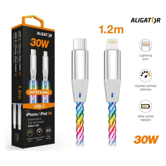Aligator Datenkabel POWER 3A 30W / USB-C/Lightning / 0 / 5m beleuchtet (0.50 m, 30 W) (DATKP65)