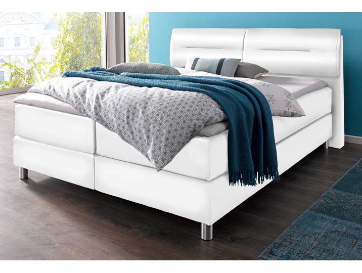 Boxspringbett MAINTAL, weiss (weiß), Kunstleder, Liegefläche B/L: 160cm x 200cm, H3, Bonnell-Federkernmatratze, Bezug bei beige, anthrazit und hellgrau: pflegeleichter Strukturstoff (100% Polyester);Bezug bei weiss und schwarz: Kunstleder (100% Polyurethan);Spiegelfläche der Matratzen: Material angeben (100% Polyester), Komplettbetten, Boxspringbett, inkl. Topper