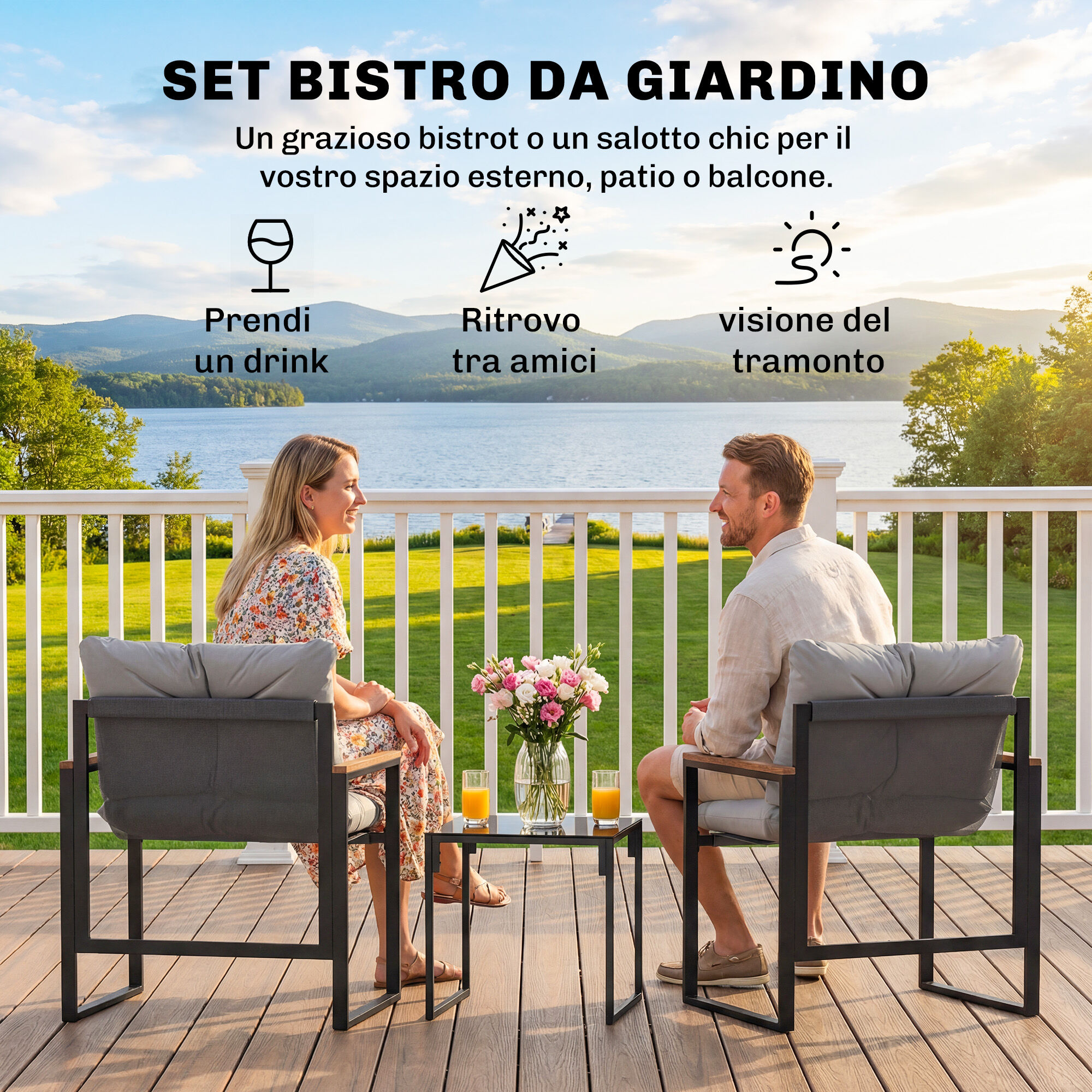 Altro Set Tavolo E Sedie Da Esterno Per 3 Persone In Metallo Con Cuscini Spessi, Multicolore