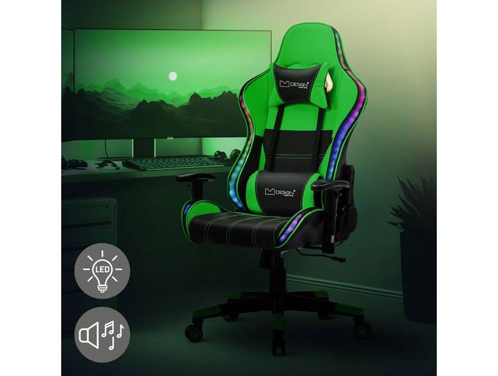 ML-Design Gaming Stuhl mit RGB LED-Beleuchtung & Bluetooth-Lautsprechern, Schwarz/Grün, Ergonomischer Bürostuhl, Rückenlehne, Kopfstütze, Lendenkissen