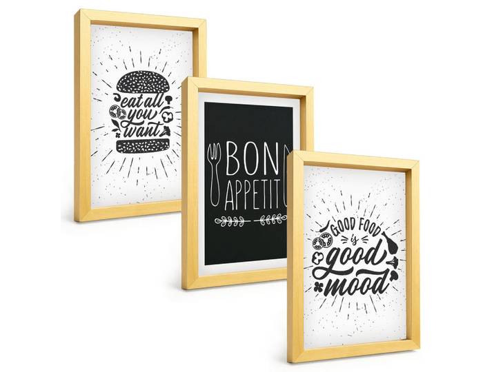 Tulup Bilder SET 3er Set - 20x30 cm Goldrahmen - Grafiken, Lebensmittel, kulinarische Slogans, Goldfarben, Kunststoff, Rechteckig, 20x30 cm, gerahmt, Bilder & Rahmen, Bilder