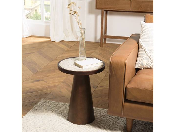 James - Table D'Appoint 40x40cm Plateau Marbre Pied En Manguier Foncé James