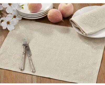 Saro Lifestyle "Embroidered Scroll Linen Blend Placemats Set of 4 - Farmhouse Placemats for Dining & Entertaining - 14""x20"""