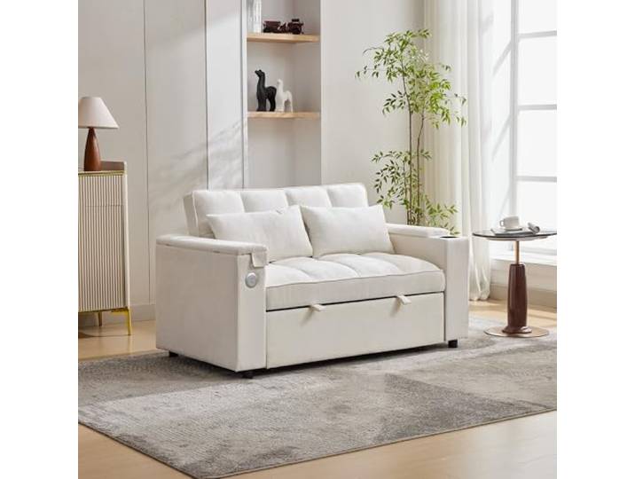 Merax 2-in-1 Schlafsofa, Zweisitzer-Sofa mit Schlaffunktion, Ausziehsofa mit Verstellbarer Rückenlehne, Ladefunktion, Staufächer, verstecktem Tisch, Getränkehalter, für Wohnzimmer Schlafzimmer, Beige
