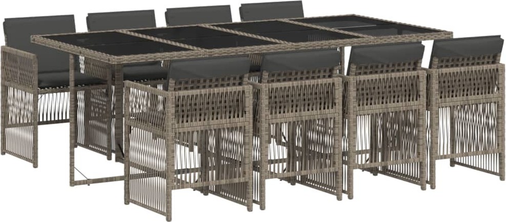 Garten-Essgruppe 9-teilig, für Außenbereich, PE-Rattan & Hartglas, UV-beständig, platzsparend verstaubar, 8 Stühle mit dunkelgrauen Kissen, Grau