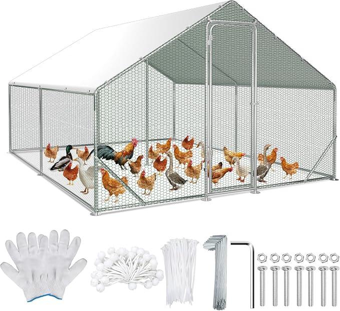 Hühnerstall Freilaufgehege 3x4x2m Hühnergehege Verzinkter Stahl Hühnerhaus mit Tür & Riegel Geflügelstall für Hühner Kaninchen Gänse Tauben und Wachteln Metallgehege mit Netz