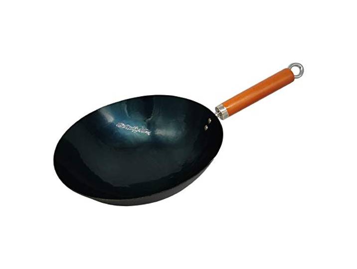 RNY Wokpfanne aus Schmiedeeisen, handgehämmert, mit Holzgriff, Hängering, traditioneller vorbehandelter runder Boden, Wok, asiatische Küche, 30 cm