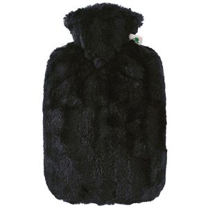 Hugo-Frosch Wärmflasche Klassik Tierfelloptik, 1,8 Liter, schwarz, aus PVC, mit abnehmbarem Hochflor-Flauschbezug