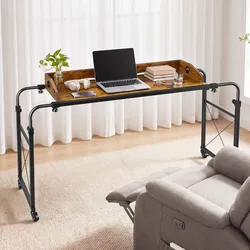 VEVOR Betttisch mit Rollen 1060x360 mm Nachttisch Laptoptisch Pflegetisch, für Schlafzimmer Wohnzimmer Homeoffice, Höhen- & Längenverstellbar, Beistelltisch mit Seitlicher Ablagetasche & Erhöhtem Rand