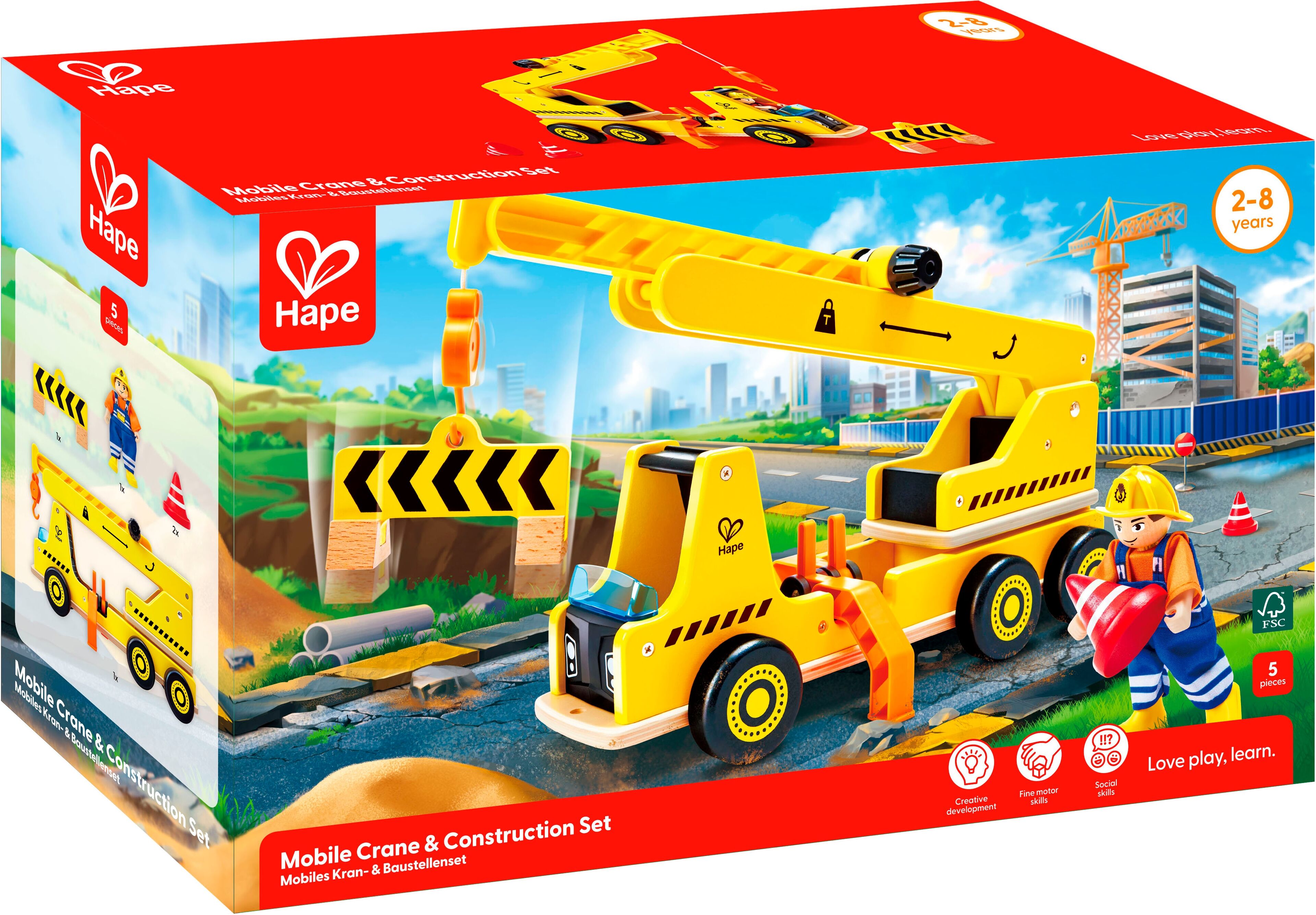 Spielzeug-Kran HAPE "Mobiles Kran- & Baustellenset", bunt, Spielzeugfahrzeuge, KinderB:38,5cm H:21cm T:13cm, Spielzeug-Kran, B:38,5cm H:21cm T:13cm