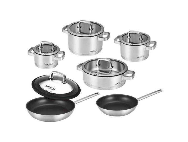 Am Cook Kochtopfset Senna S11 Plus, Edelstahlfarben, Metall, 11-teilig, 20 cm,24 cm,16 cm, 3,4 l,6,0 l,1,7 l, Abgießfunktion, Griffe werden nicht heiß, leichte Reinigung,mit Dampfablass, Kochgeschirr, Töpfe, Topfsets