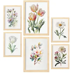 POSTER Set Mit 6 Pastellblumen Vollfarbige Natur Und Botanikdrucke Mit Blumenmotiven Auf Reinweißen Hintergründen A3 & A4 Rahmen Aus Hellem Holz
