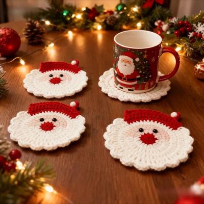 Uplift Picks Handmade Crochet Santa Coasters Christmas Drink Mats 3 Pcs