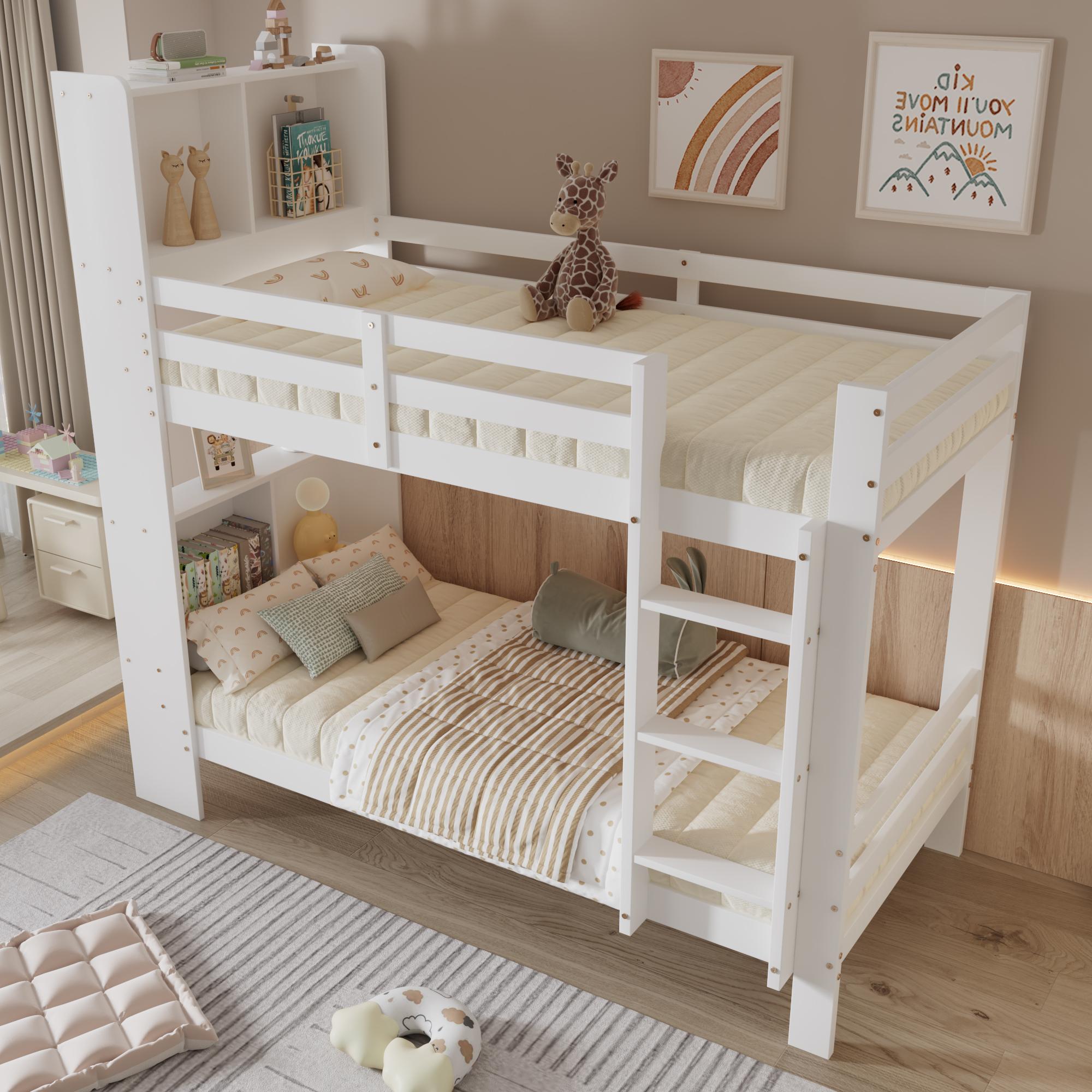 Etagenbett 90×200 mit offenen Fächer und dreistufiger, Kinderbett mit Sicherheitsgeländer, Holzbett in Weiß,ohne Matratze