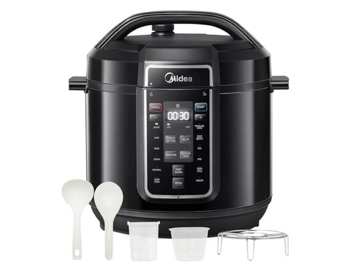 Midea Elektrischer Schnellkochtopf 9-in-1, 8L Multikocher 12 Voreinstellungen Instant, Joghurtbereiter, Reiskocher, Slow Cooker, Sous Vide, Dampfgarer, Nudelkocher, Edelstahl Innentopf, Schwarz