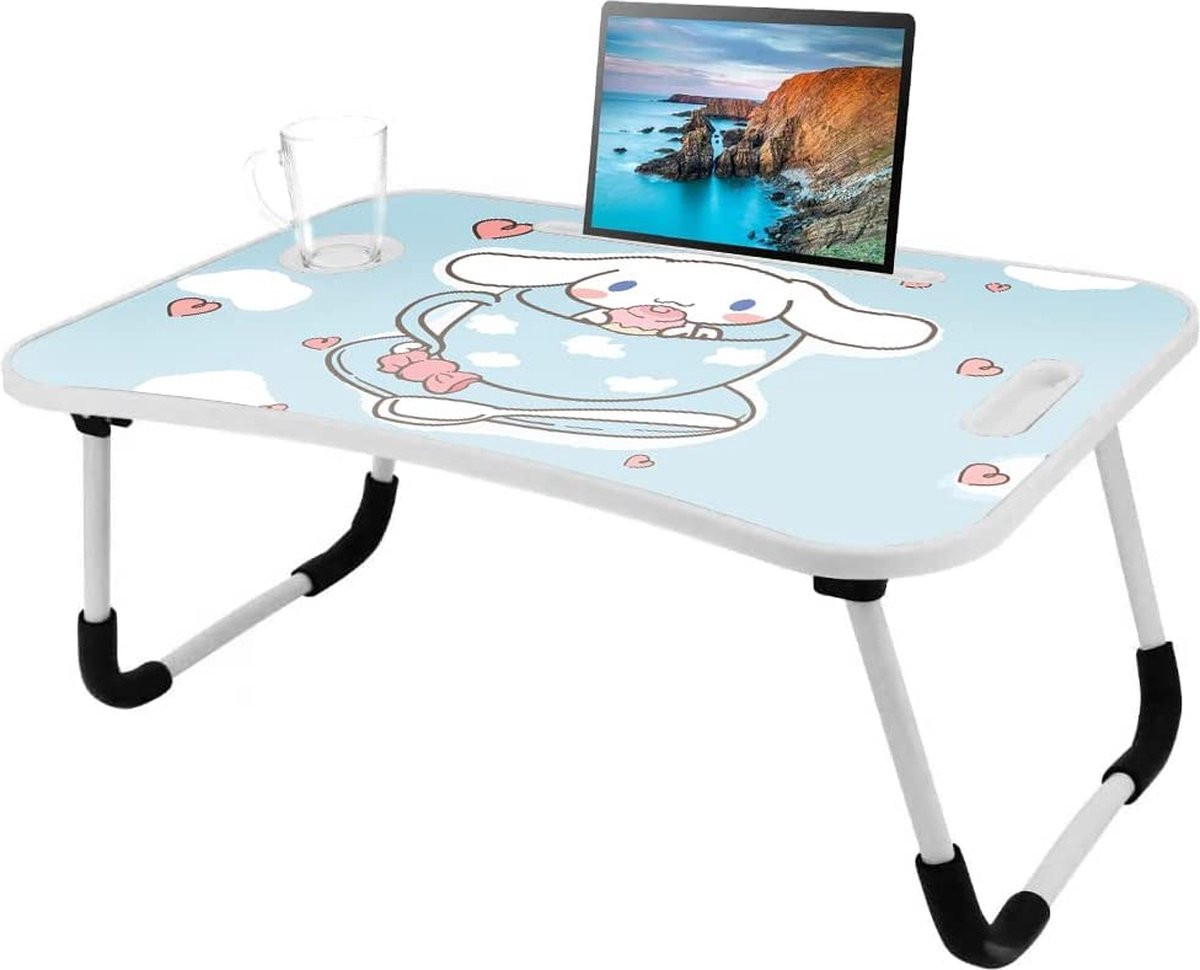 Draagbare laptoptafel met cartoonafbeeldingen en inklapbare poten, blauw