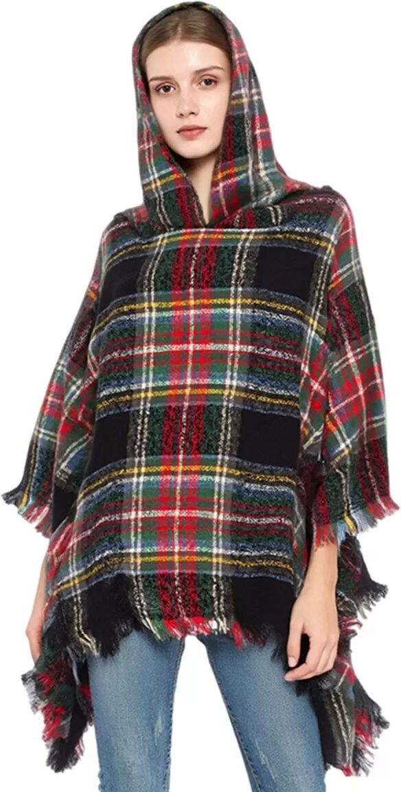 INF Élégant Poncho Cape à Capuche à Carreaux - Polyvalent et Chaud Le noir