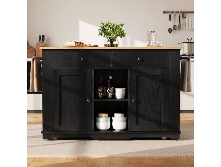 Îlot de cuisine Chariot de cuisine équipé D'une barrette D'alimentation armoire de cuisine Chariot de service noir