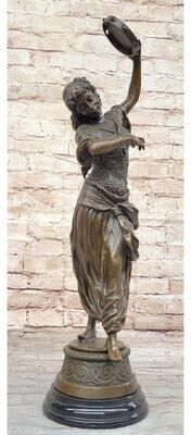 Bronzhaus Tambourine Dancer Girl Bronze Sculpture Musical Decor Figure By M.C. Bouay