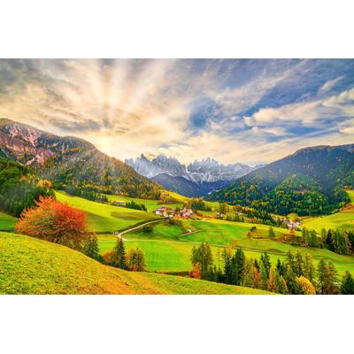 Fototapete PAPERMOON "SANTA MADDALENA-BERG DORF DOLOMITEN WIESE BLUMEN ALPEN", bunt, B:4m L:2,6m, Vlies, Tapeten