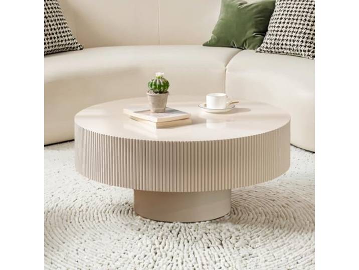 YYZIWYUN Runder Geriffelter Couchtisch, Handgefertigter Teetisch Mit Relieffurnier Moderne Trommel-Couchtische Runder Beistelltisch Mit Säulen Für Wohnzimmer Im Landhausstil,White 30.9inch