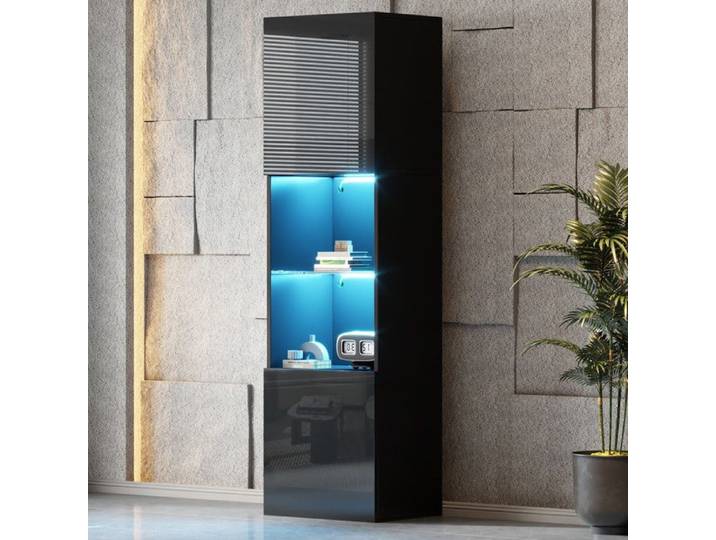 Vitrine noire brillante avec éclairage LED meuble de rangement pour salon hauteur 160 cm design minimaliste moderne noir.