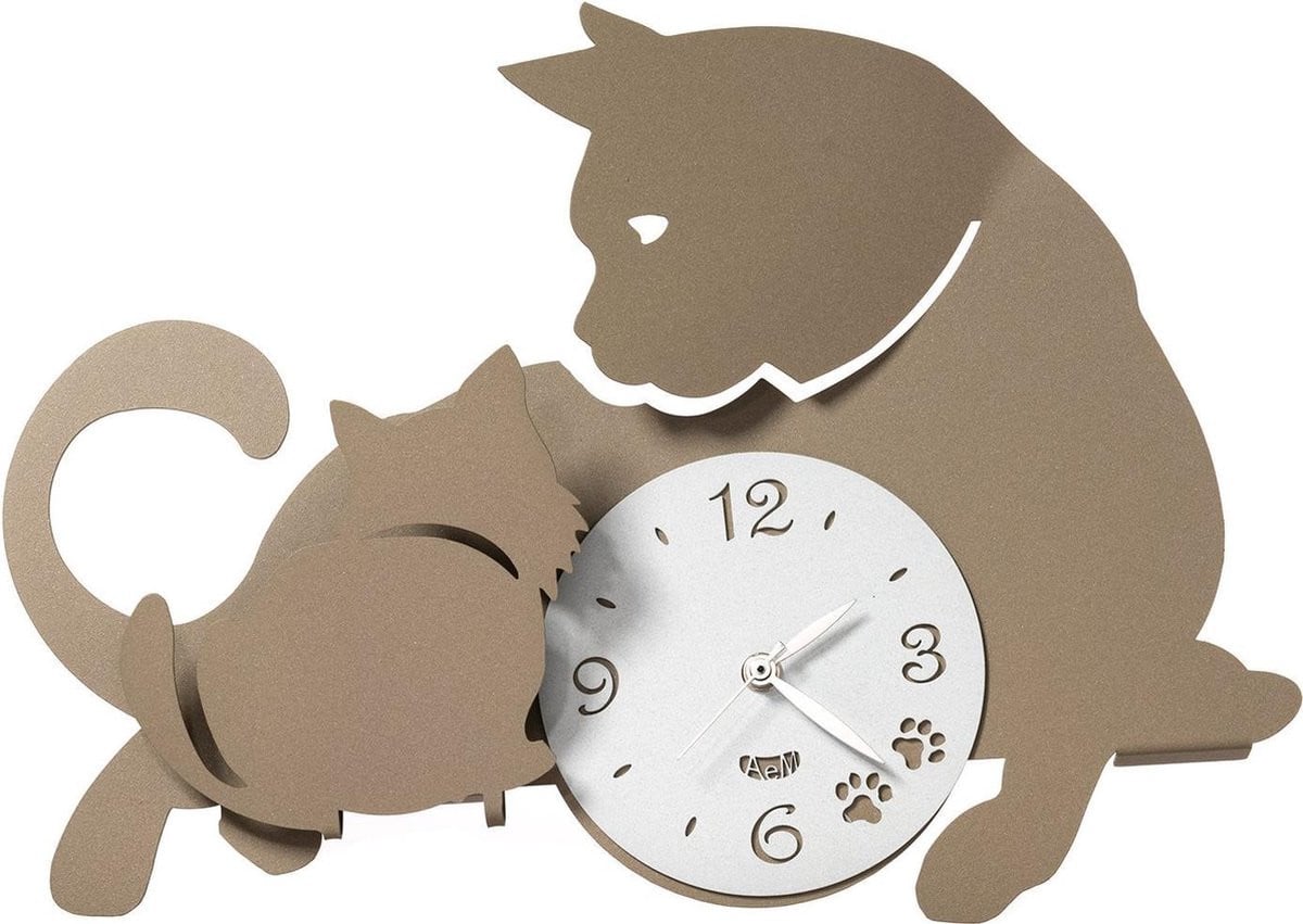Arti Mestieri Wandklok Moederpoes met Kitten - Metaal - Beige