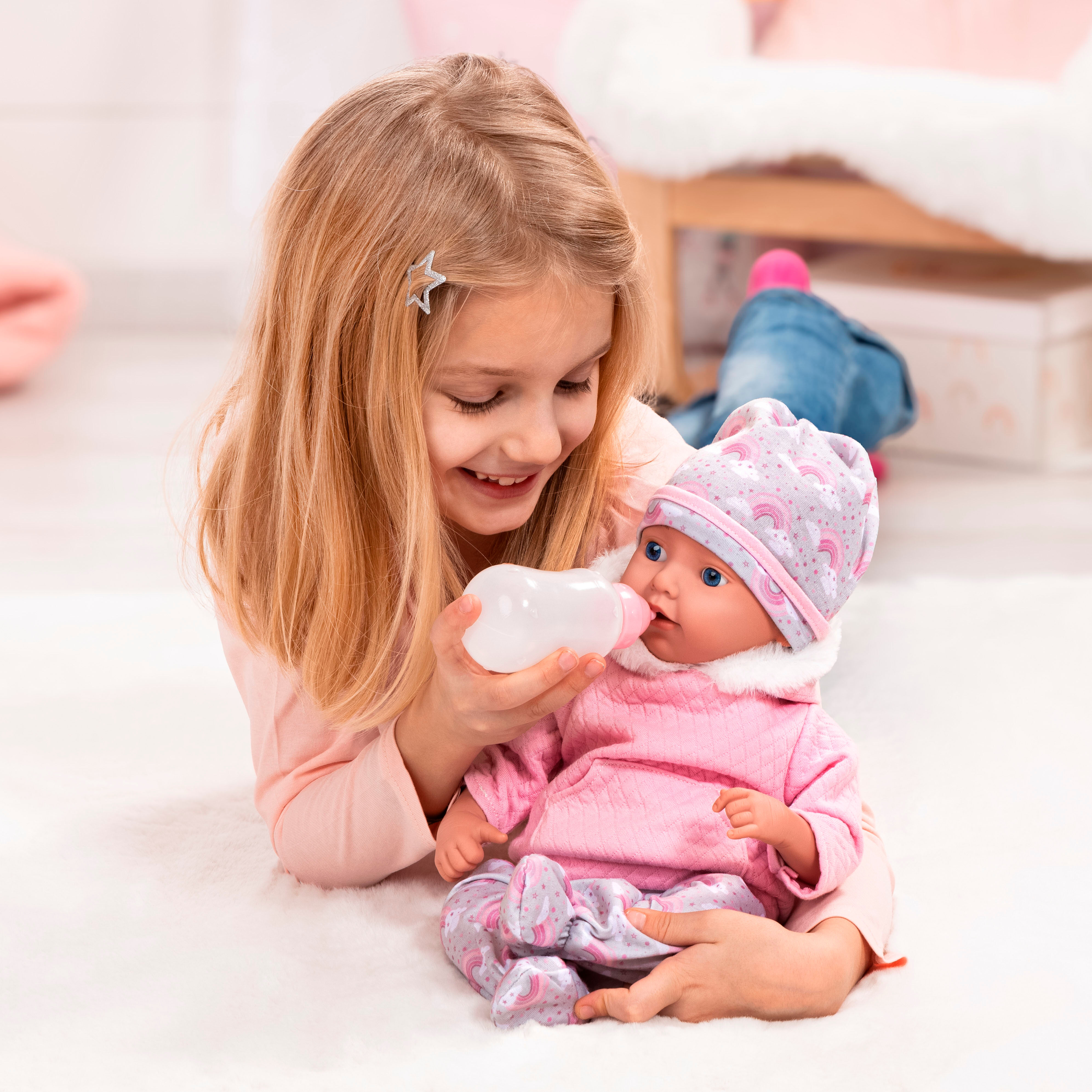 Babypuppe BAYER "Reborn Baby, 38 cm Regenbogenmuster", grau (grau, rosa), Puppen, Kinder, Babypuppe