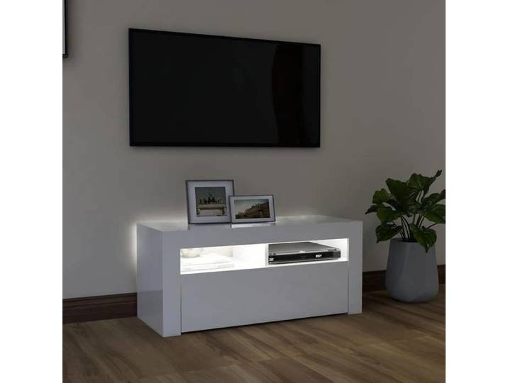 Cabinet TV - Organisateur salon - Blanc - Meuble TV avec lumières LED blanc brillant 90x35x40 cm - Cadre durable_19.42kg_90087