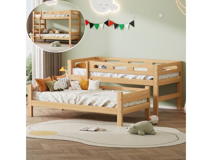 Lit Superposé Enfant 90x200 cm - Transformable en 2 Lits Simples - Cadre en Pin Naturel - Sécurisé - Montage Facile