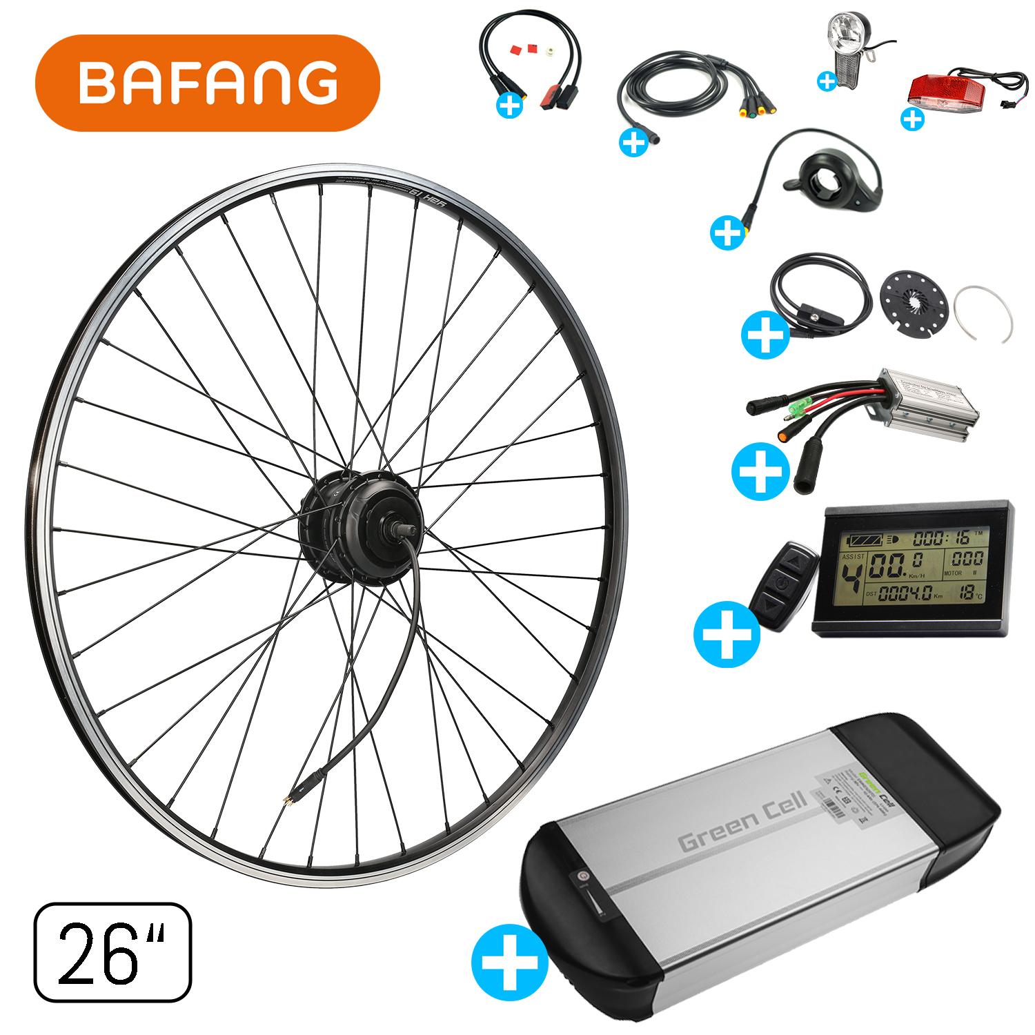 windmeile | Bafang E-Bike Hinterrad Umbausatz, Nabenmotor G370 mit Gepäckträger Akku und komplettem Zubehör 26 Zoll Umbau Kit