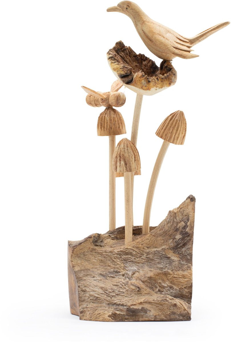 Ancient Wisdom Handgemaakte Parasite Wood Kunst Snijwerk - Vogel en Bij op Paddenstoelen voor op Tafel