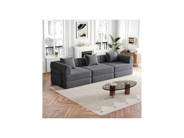 Canapé lit 3 places gris combinable 1+2 chenille rangement intégré métal robuste facile à configurer