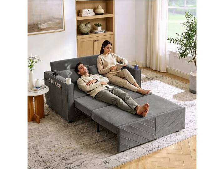 Canape Convertible 2 Places En Tissu Gris Fonce Canape-Lit 3 En 1 FloraGrace Pour Salon Ports USB Integres 195x134x73cm