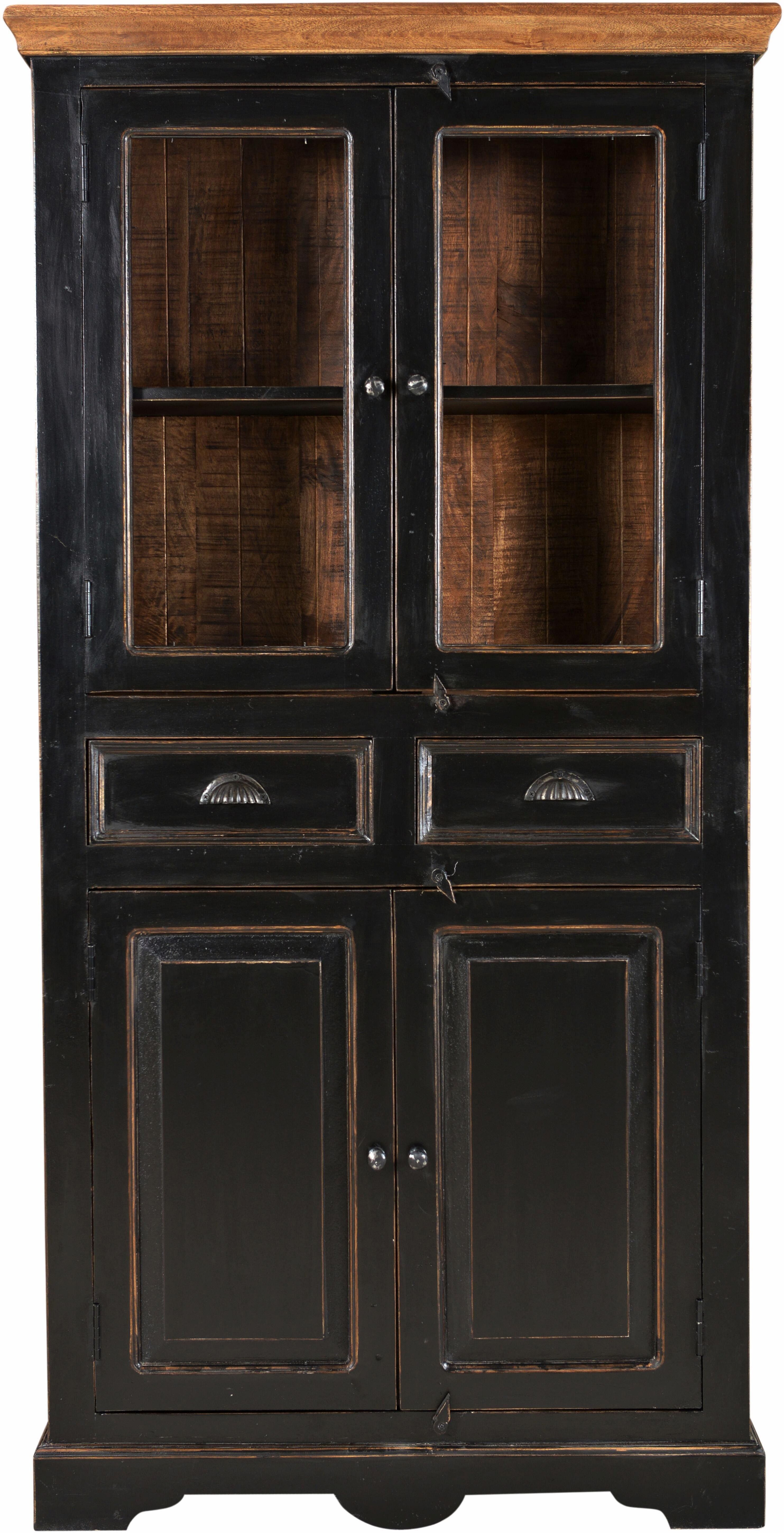 Vitrine SIT "Novi Sad mit Glas- und Holztüren im Vintage-Design", schwarz (schwarz, honig), B:90cm H:180cm T:40cm, Holzwerkstoff, Massivholz, Recyceltes Altholz, Schränke, Vitrine, Antikes Flair mit Glasfront und honigfarbiger Deckplatte schwarz, honig B/