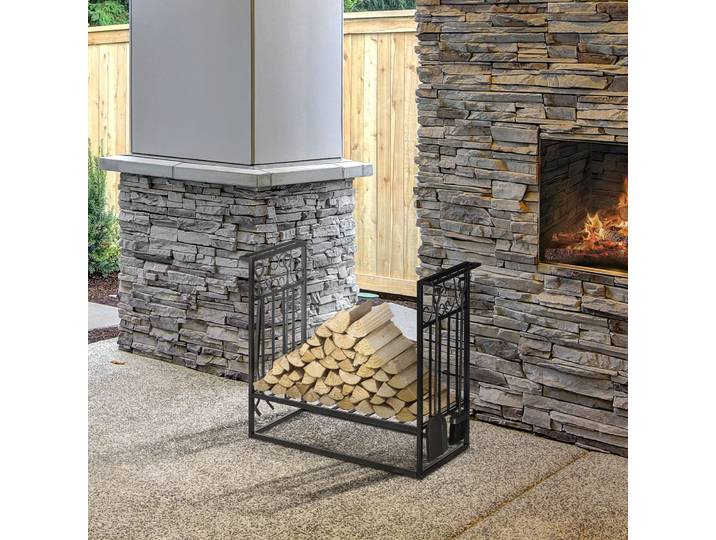 HOMCOM Porte-Bûches Acier Noir 75x30x60cm Cheminée Accessoires
