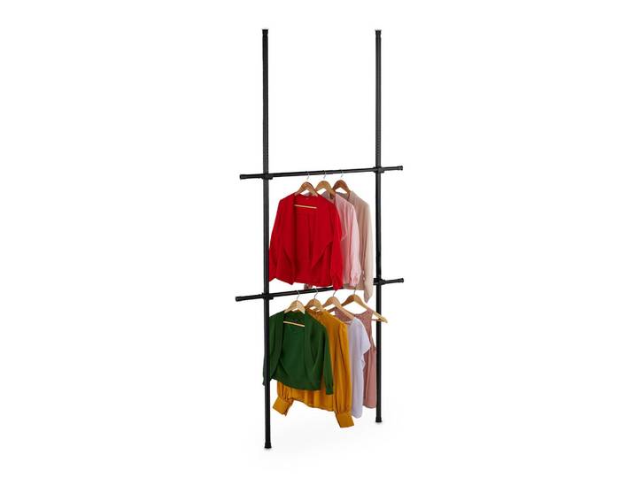 Relaxdays Garderobensystem Schwarz Teleskop 2-Kleiderstangen Höhe 165-300 cm, Metall, Kunststoff, 120x300x11 cm, Garderobe, Garderobenzubehör