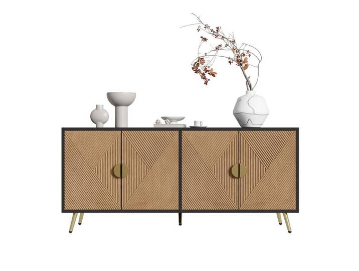 WUVRIE Buffet bas 160 cm 4 portes noir et décor bois poignées dorées charnières soft-close