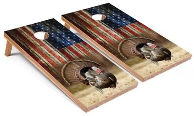 Skip's Garage Solid Wood Cornhole Boards - American Flag Turkey Design
