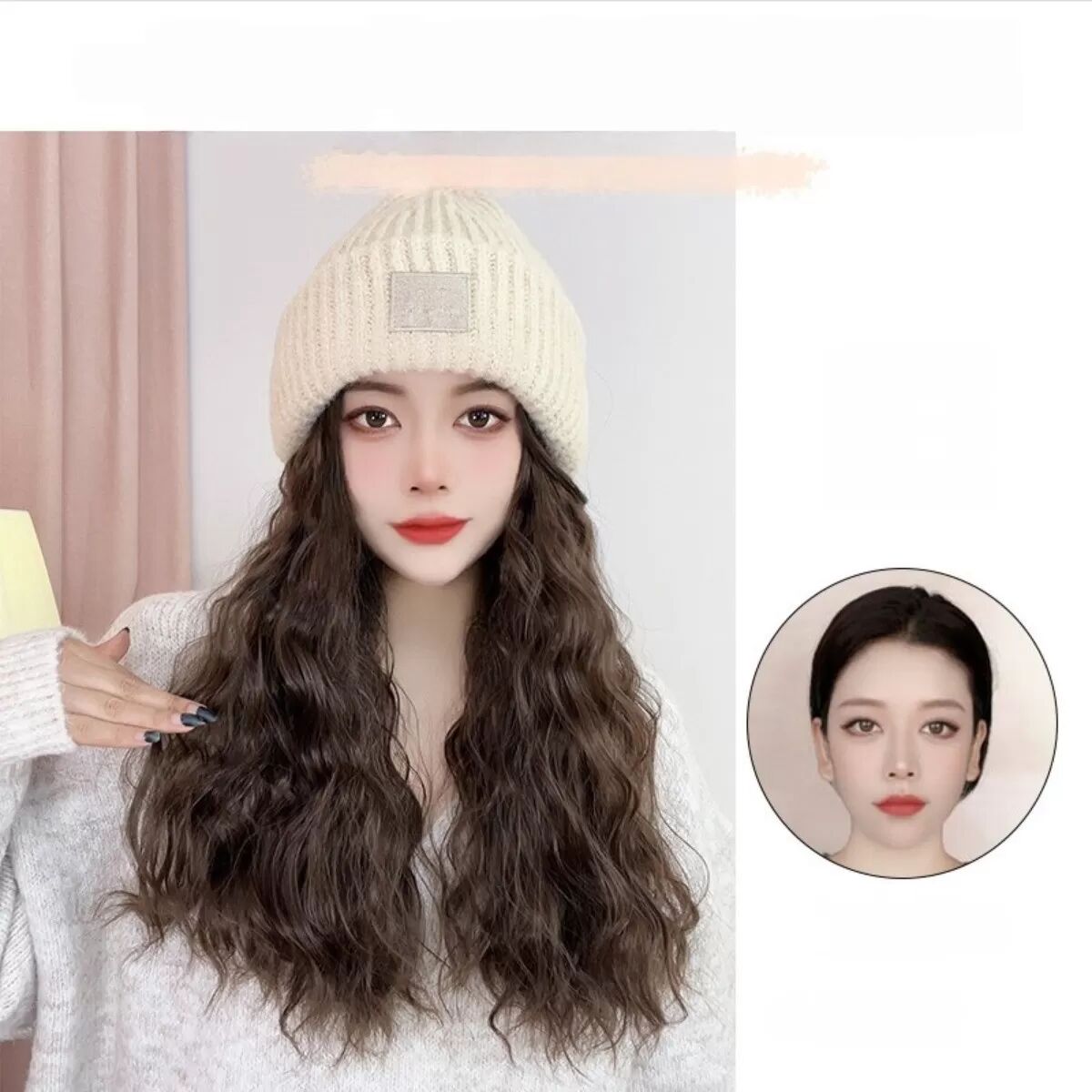 INF Élégant bonnet tricoté avec perruque - Ensemble chapeau et cheveux à motif ondulé pour automne/hiver Beige