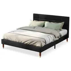 Polsterbett 140x200 mit Kopfteil Lattenrost Stauraum Leinenbezug Holzrahmen ergonomisch komfortabel modernes Schlafzimmer schwarz