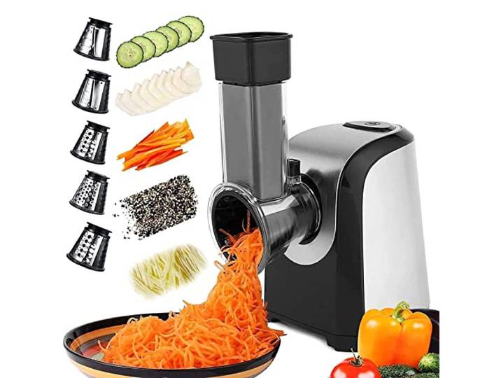 COOCHEER Elektrischer Gemüseschneider Profi 150W Gemüsehobel 5-in-1 Multireibe mit Schneidetrommeln für Gemüse, Käse, Nüsse, Haushalt & Salatzubereitung Spülmaschinengeeignet